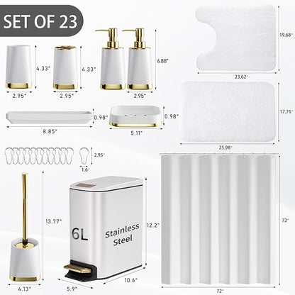 Bathroom Accessories Set - 23 PC Bathroom Sets with Shower Curtain and Rugs, White Bathroom Set, Luxurious Stainless Steel Bathroom Trash Can, Toilet Brush & Soap Dish