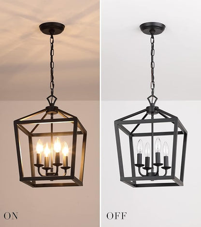 AMZASA Farmhouse Rustic Black Lantern Chandelier Hanging Light Fixture 4-Lights for Kitchen Island Dining Room Hallway Entryway Foyer UL Listed