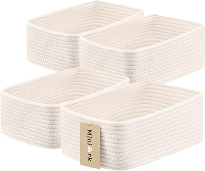 Small Storage Baskets for Organizing | Closet Organizer Bins | Shelf Toy Basket | Woven Rope Baskets | Cube Decorative Box | Shallow Basket | 11.5x7.5x4.7” | 4 Packs Off White