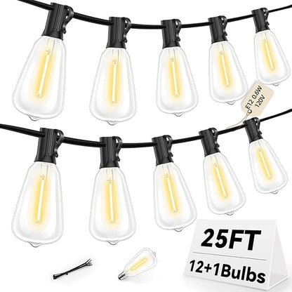 ST38 Outdoor String Lights 25FT with 12+1 LED Bulbs, E12 Socket, Waterproof Commercial Grade, 2700K Warm White for Garden, Backyard, Bistro, Patio, Porch, Deck, Gazebo, Wedding Decor