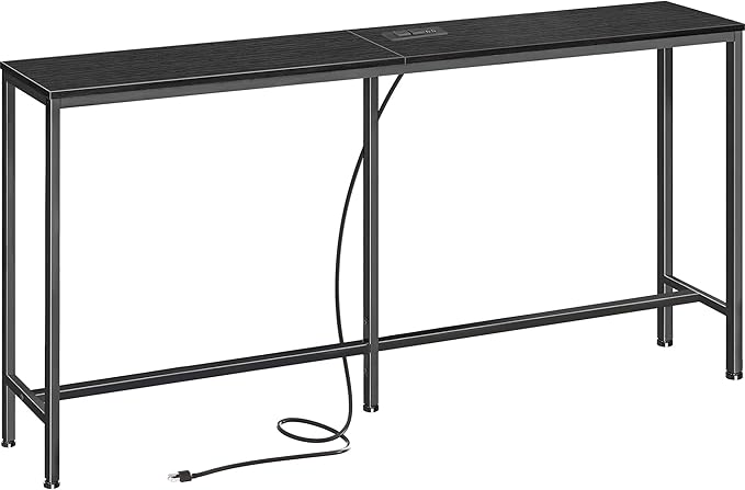 SUPERJARE Console Table with Outlet, 63 Inch Sofa Table with Charging Station, Narrow Entryway Table, Skinny Hallway Table, Behind Couch Table, for Living Room, Plants, Black