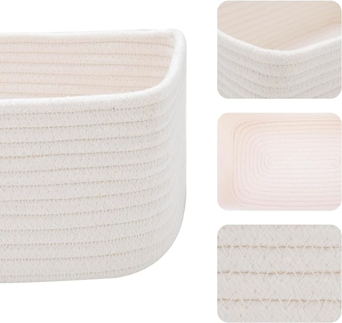 Small Storage Baskets for Organizing | Closet Organizer Bins | Shelf Toy Basket | Woven Rope Baskets | Cube Decorative Box | Shallow Basket | 11.5x7.5x4.7” | 3 Packs Off White