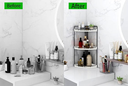 Dorhors 3-Tier Corner Bathroom Organizer Countertop for Storage,Vanity Tray,Wood Counter Organizer for Kitchen,Bathroom,Dresser (Rustic White)