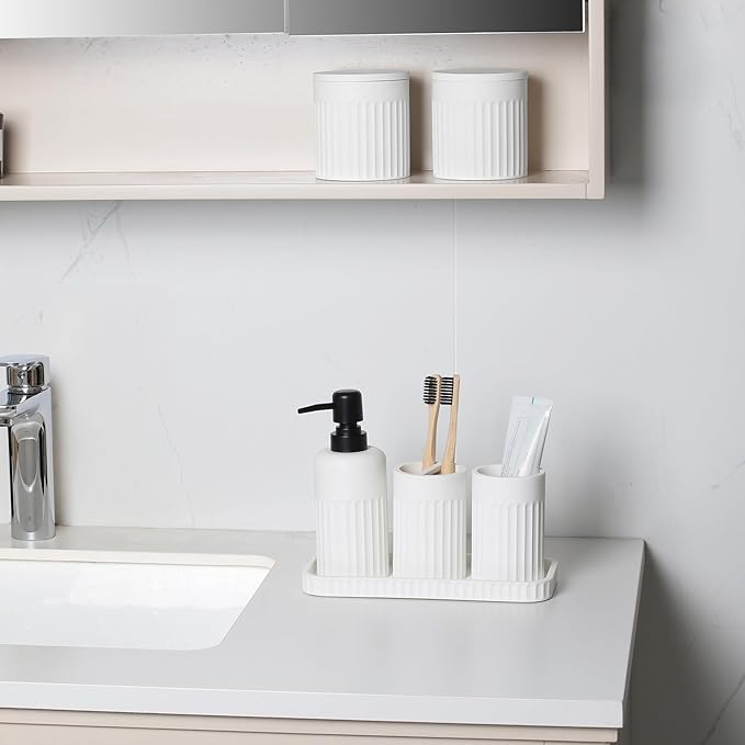 Bathroom Accessory Set - 6 Pieces Bathroom Accessories Set Complete with Soap Dispenser, Toothbrush Holders, Tumbler, Vanity Tray and 2 Qtip Holder for Home Organizer and Decor, White