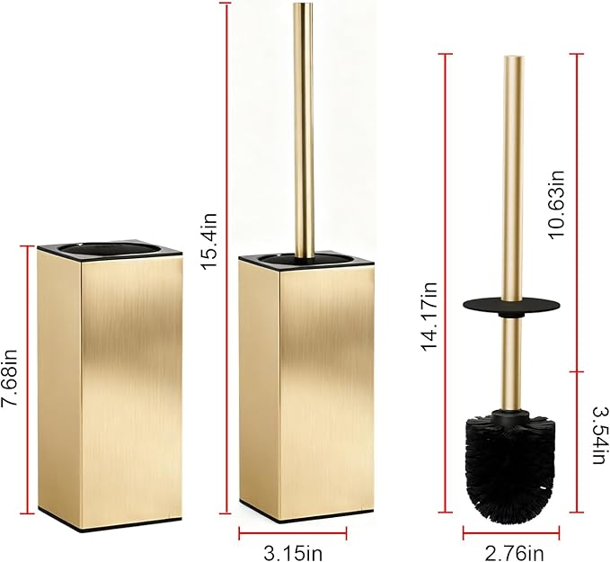 Toilet Brush and Holder Set, NEWRAIN Stainless Steel Toilet Brush with Long Brush Handle, Brushed Gold Toilet Scrubber and Covered Holder, Square Design Sturdy and Space Saving, Covered Brush