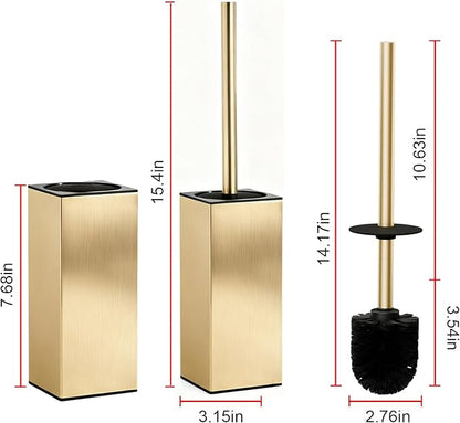 Toilet Brush and Holder Set, NEWRAIN Stainless Steel Toilet Brush with Long Brush Handle, Brushed Gold Toilet Scrubber and Covered Holder, Square Design Sturdy and Space Saving, Covered Brush