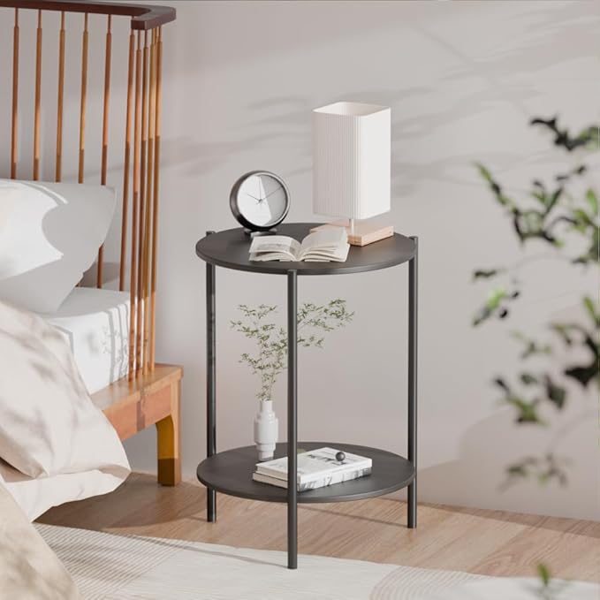Side Table, Round End Table with 2-Layer Storage Rack, 15.7" Small Spaces Circle Table, Metal Frame Design Small Side Tables, for Living Room, Bedroom, Grey