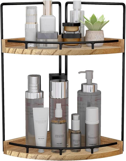 Dorhors 2-Tier Bathroom Counter Organizer,Vanity Counter Corner Shelf, Skincare, Wood Countertop Bathroom Storage and Organization for Kitchen (Brown)