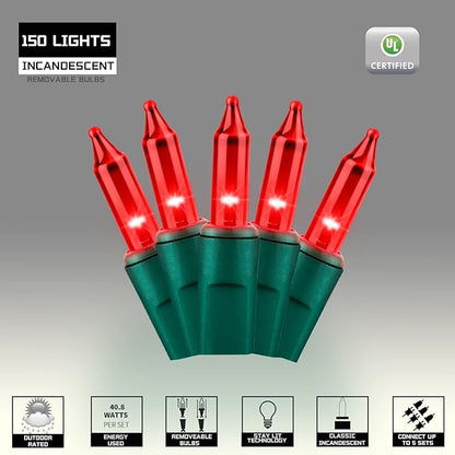 150LIGHTS RED Extra-Bright with End Connectors Christmas Decorative Lights 9.72m UL Certified Mini String Light Set Waterproof for Home Garden Holiday Christmas Tree Party Patio Decor Wedding