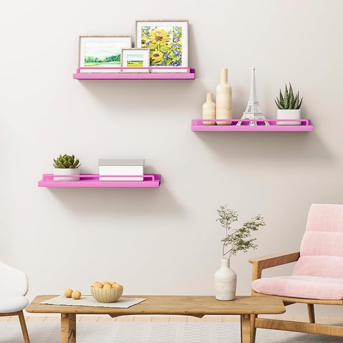 Pink Floating Shelves, Kawaii Room Decor Wall Shelves for Living Room, Bedroom, Picture Frames, Plants, Kitchen - Set of 3 (Rose Pink), 84732428