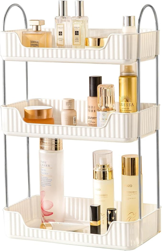 Bathroom Counter Cosmetic Organizer, 3 Tier-Cream White, Alloy Steel & PET Plastic, Rectangular, Tiered, Perfect for Toiletries & Cosmetics