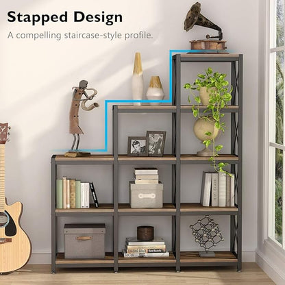 Tribesigns 12 Shelves Bookshelf, Industrial Ladder Corner Bookshelf 9 Cubes Stepped Etagere Bookcase, Rustic 5-Tier Display Shelf Storage Organizer for Home Office (Rustic Brown)
