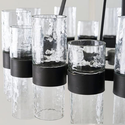 Round Black Glass Wagon Wheel Chandelier, Chandelier with Water Ripple Textured Recycled Clear Glass Piece, Modern Industrial Pendant Light with Metal Frame, Lighting Fixture for Living Room, Foyer