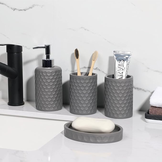 zccz Bathroom Accessory Set, 6 Piece Grey Bathroom Accessories Set with Trash Can, Toothbrush Holder, Toothbrush Cup, Soap Dispenser, Soap Dish, Toilet Brush with Holder, Trash Can, Light Gray
