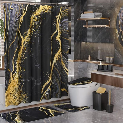 Bathroom Set Bathroom Sets with Shower Curtain and Rugs,Black Bathroom Accessories Set Waterproof Black and Gold Shower Curtain Set