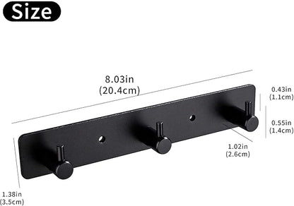 Black 3 Wall Hooks, Matte Black Bathroom Hook Rail, Self Adhesive Key Hook Rack Hanger Towel Robe Stick Hooks for Toilet Entryway Hallway Kitchen Wall Mounted