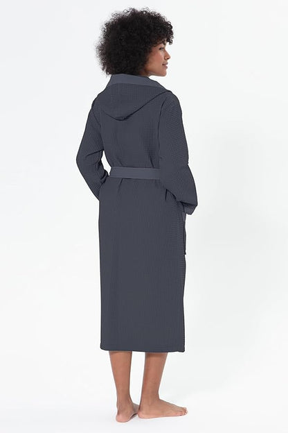 Women’s Luxury Waffle Shawl Collar, Hooded Robe w Piping – Lightweight, Long, Ultra Soft Spa Sleepwear Bathrobe