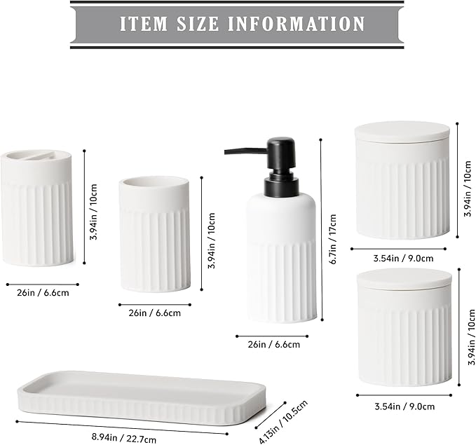 Bathroom Accessory Set - 6 Pieces Bathroom Accessories Set Complete with Soap Dispenser, Toothbrush Holders, Tumbler, Vanity Tray and 2 Qtip Holder for Home Organizer and Decor, White