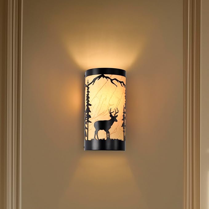 Wall Sconces Set of Two,Deer Metal Yellow Parchment Rustic Wall Sconces,Farmhouse Matte Black Wall Mount Lamp,Vintage Bedroom Wall Lights,Indoor Wall Lamps for Living Room,Hallway,Porch