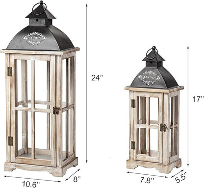 Set of 2 Large Decorative Wooden Metal Lanterns, Farmhouse Rustic Floor Candle Lanterns, Indoor/Outdoor Hanging Lanterns for Home Decor (No Glass)