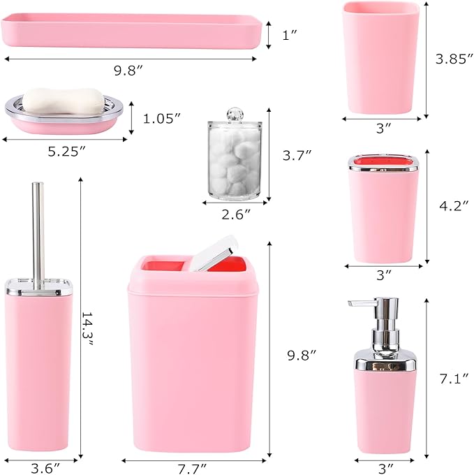 Pink Bathroom Accessory Set, Plastic Bathroom Set with Tray, Soap Dispenser, Toothbrush Holder, Toothbrush Cup, Soap Dish, Toilet Brush, Trash Can and Q-tip Holders for Bathroom/Housewarming