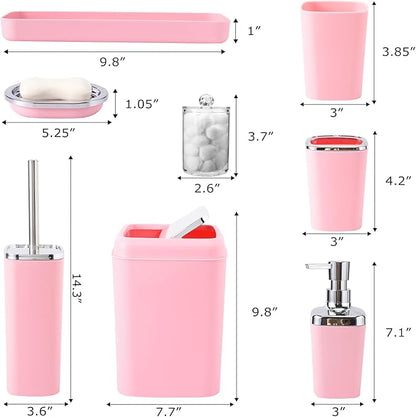 Pink Bathroom Accessory Set, Plastic Bathroom Set with Tray, Soap Dispenser, Toothbrush Holder, Toothbrush Cup, Soap Dish, Toilet Brush, Trash Can and Q-tip Holders for Bathroom/Housewarming