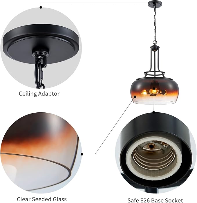 WUZUPS Chandelier Rustic Farmhouse Industrial Round Ceiling Pendant LED Light Fixture with Amber Gradient Black Glass Shade for Dining Room Kitchen Island Foyer Entryway, H 20.9" W 15.9", E26 Base