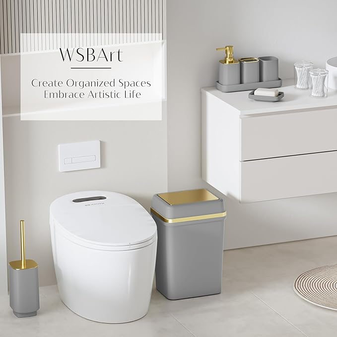 9PCS Bathroom Accessory Set, Grey Bathroom Set with Large-Capacity 4 Gallon Trash Can, Bathroom Accessories Set Complete, Toothbrush Holder, Soap Dispenser, Toilet Brush, Bathroom Decor