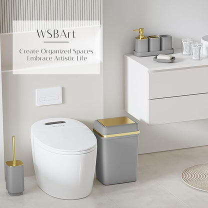 9PCS Bathroom Accessory Set, Grey Bathroom Set with Large-Capacity 4 Gallon Trash Can, Bathroom Accessories Set Complete, Toothbrush Holder, Soap Dispenser, Toilet Brush, Bathroom Decor