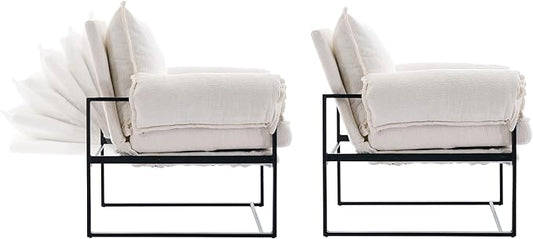 YISHENG Accent Chair with 6-Angle Adjustable Backrest, Chenille Fabric Living Room Chair Upholstered Lounge Chair, Modern Chair Cozy Reclining Chair for Reading Room, Set of 2 White