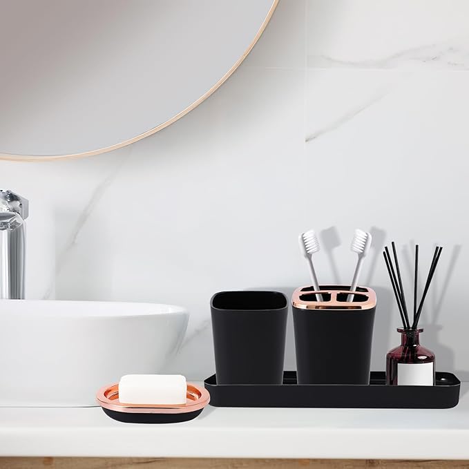 Black Bathroom Accessories, 9-Piece Black Bathroom Set with Trash Can, Vanity Tray, Soap Dispenser, Soap Dish, Toothbrush Holder, Toothbrush Cup, Toilet Brush and Qtip Holders
