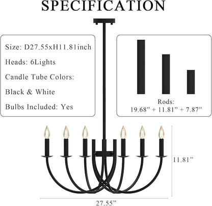 Black Dining Room Chandelier, LED Hanging Lamp Ceiling, Modern Round Candle Pendant Light Fixtures for Farmhouse Living Room Bedroom Kitchen Island (Black-C 6Lights)