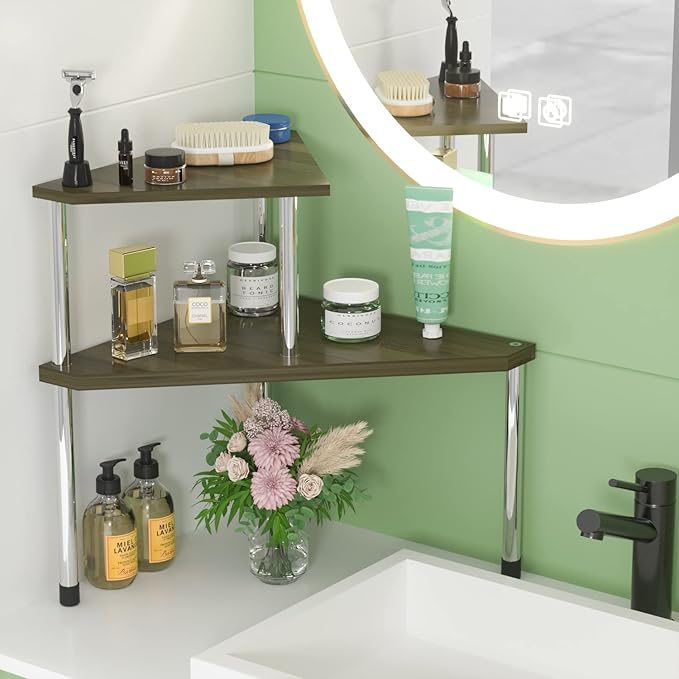 Weenson Bathroom Counter Organizer Corner Shelf - 2 Tier Bathroom Organization Bamboo Bathroom Sink Shelf Kitchen Countertop Organizer Adjustable Free-Standing Counter Storage Shelf(Antique)