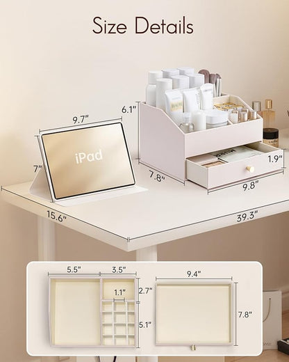 Vlando Makeup Organzier,Vanity Organizer with Drawers, PU Leather Skincare Organizer Perfume Organizer,Large Cosmetic Display Case for Lipstick,Brushes Gifts for Women-Apricot White