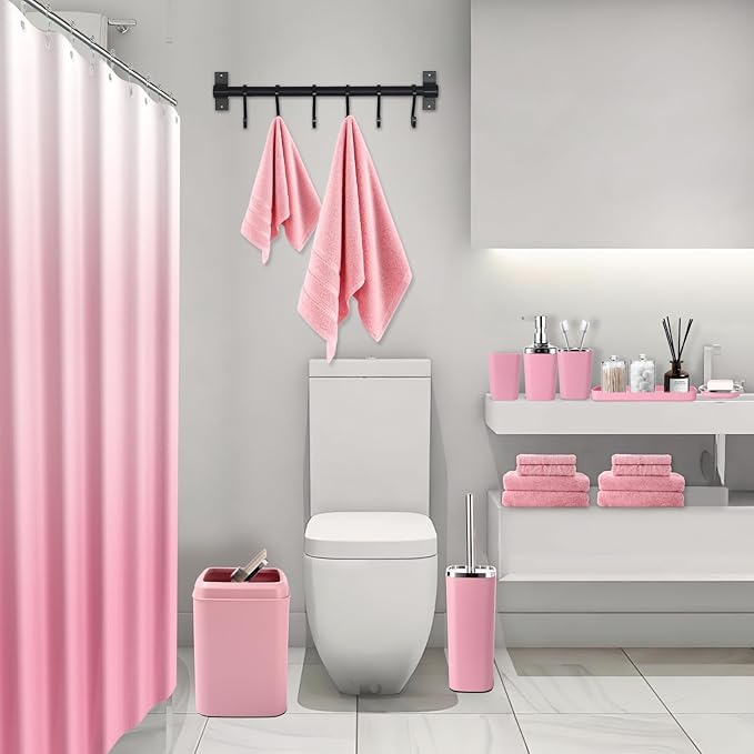 Pink Bathroom Accessories, 24 Pieces Pink Bathroom Accessories Set with Shower Curtain, Bath Towels, Trash Can, Soap Dispenser and Soap Dish for Bathroom/Housewarming