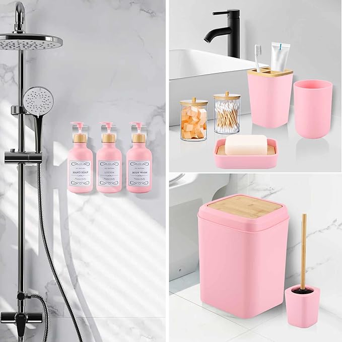 Pink and Wood Bathroom Accessories Set 19Pcs, Bathroom Set with Trash Can and Toilet Brush, 3PCS Drill Free 17oz Soap Dispenser Wall Mounted, Toothbrush Holder and Cup, Soap Dish, Qtip Holder