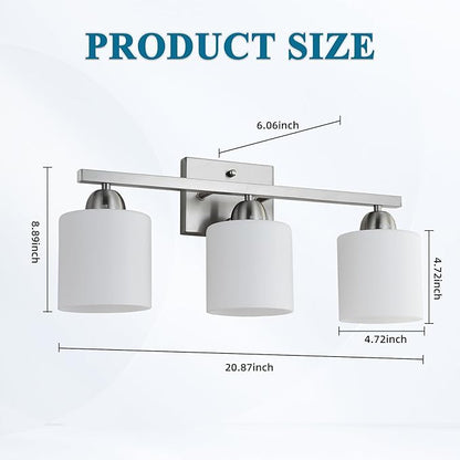 Stainless Steel Milk Glass Vanity Lights for Bathroom, 3 Light Brushed Nickel Bathroom Light Fixtures Over Mirror, Ceramic E26 Sockets Wall Mounted