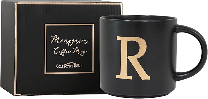 COLLECTIVE HOME - Monogram Ceramic Mugs, 15 oz Golden Initial Black Coffee Cups, Elegant Alphabet Tea Mugs, Elegant Personalized Mug with Gift Box, Unique Mug with Double Side Capital Lette (R)