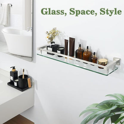 Alise Bathroom Shelf Wall Mounted, Brushed Nickel Large Capacity Glass Shelf for Bathroom, 24 inch