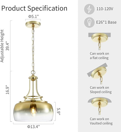 WUZUPS Gold Chandelier Rustic Farmhouse Industrial Round Ceiling Pendant LED Light Fixture with Gradient Glass Shade for Dining Room Kitchen Island Foyer Entryway, H 17" W 13.4", E26 Base