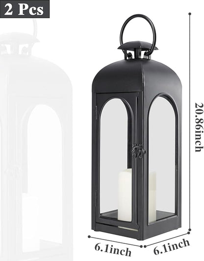 Bdor 2 Pack 20 Inches Metal and Tempered Glass Decorative Lantern with Electronic Wax Effect - Indoor/Outdoor Decorative Lighting, Handcrafted Aesthetic, Perfect for Home, Parties, and Holiday Decor