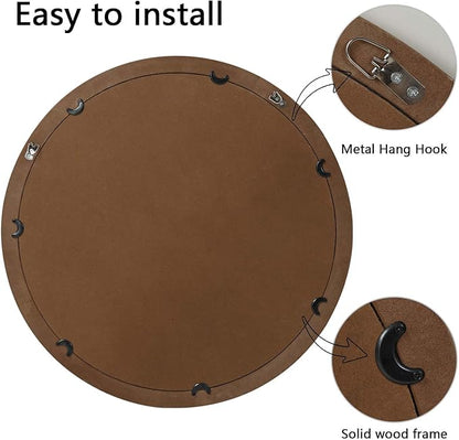 24 Inch Rustic Round Mirror - Farmhouse Vintage Bathroom Vanity Mirror, Wall-Mounted Round Mirrors for Bathroom Sink, Bedroom & Living Room and Framed Decorative Restroom Mirror