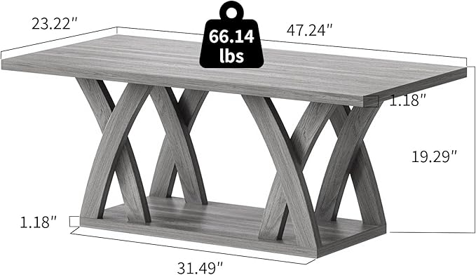 47” Wood Coffee Tables for Living Room Rustic Stands with Storage Shelf Grey Coffee Tables for Living Room Farmhouse Center Stands with Shelf Farmhouse Rectangle Center Table