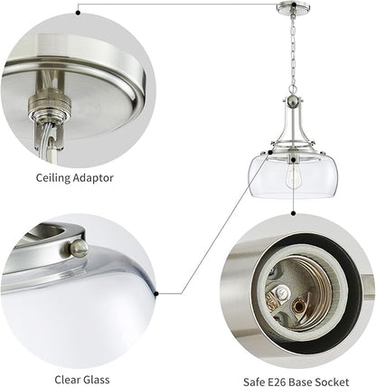 WUZUPS Chandelier Rustic Farmhouse Industrial Round Ceiling Pendant LED Light Fixture with Clear Glass Shades for Dining Room Kitchen Island Foyer Entryway, H 17" x W 13.4", E26 Base, Brushed Nickel