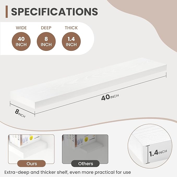 40 Inch Floating Shelves, 8 Inch Deep Floating Shelves for Wall, Hanging Shelf with Invisible Brackets, Deep Shelves for Bathroom, Bedroom, Living Room, White, Set of 2