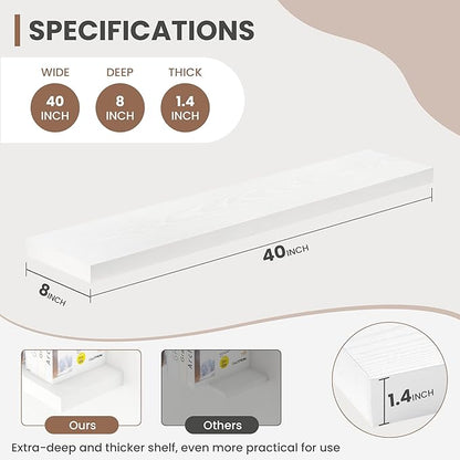 40 Inch Floating Shelves, 8 Inch Deep Floating Shelves for Wall, Hanging Shelf with Invisible Brackets, Deep Shelves for Bathroom, Bedroom, Living Room, White, Set of 2