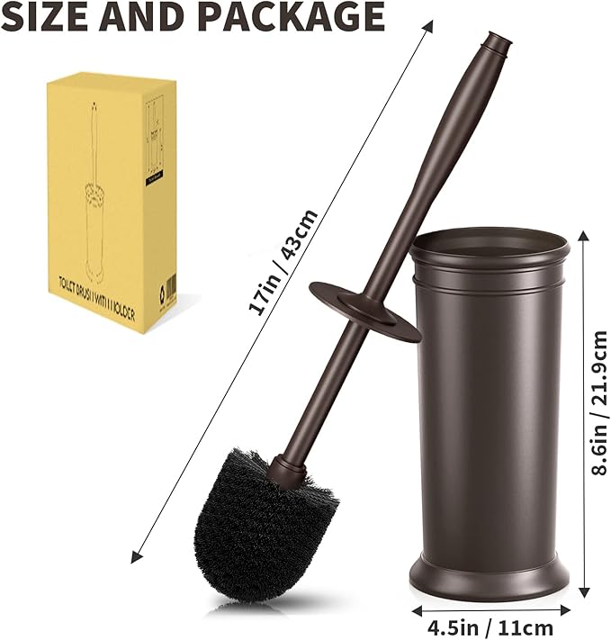 UPTRONIC Toilet Brush, Toilet Bowl Brush with Extra Long Handle Durable Bristles Toilet Scrubber and Covered Holder for Toilet Brush Set for Bathroom Cleaning (Brown, 1 Set)