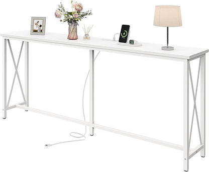 SUPERJARE 70 Inch Console Table with Outlets and USB-C Port, Extra Long Behind Couch Sofa Table with X-Shaped Design, Narrow for Entryway, Living Room, Metal Frame, Wooden Top, White