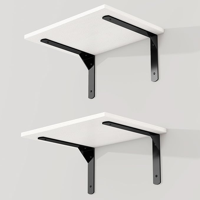 16" W x 12" D White Floating Shelves for Wall, 12 Inch Deep Floating Shelf with Visible Bracket, Rustic Wood Bookshelf Wall Mounted, Deep Bathroom Shelves for Storage, Set of 2