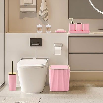 Pink Bathroom Accessories Set - Gorgeous Bathroom Set, 10PC Bathroom Accessory Set, Toilet Brush, Trash Can, Qtip Holder Dispenser & Soap Dispenser